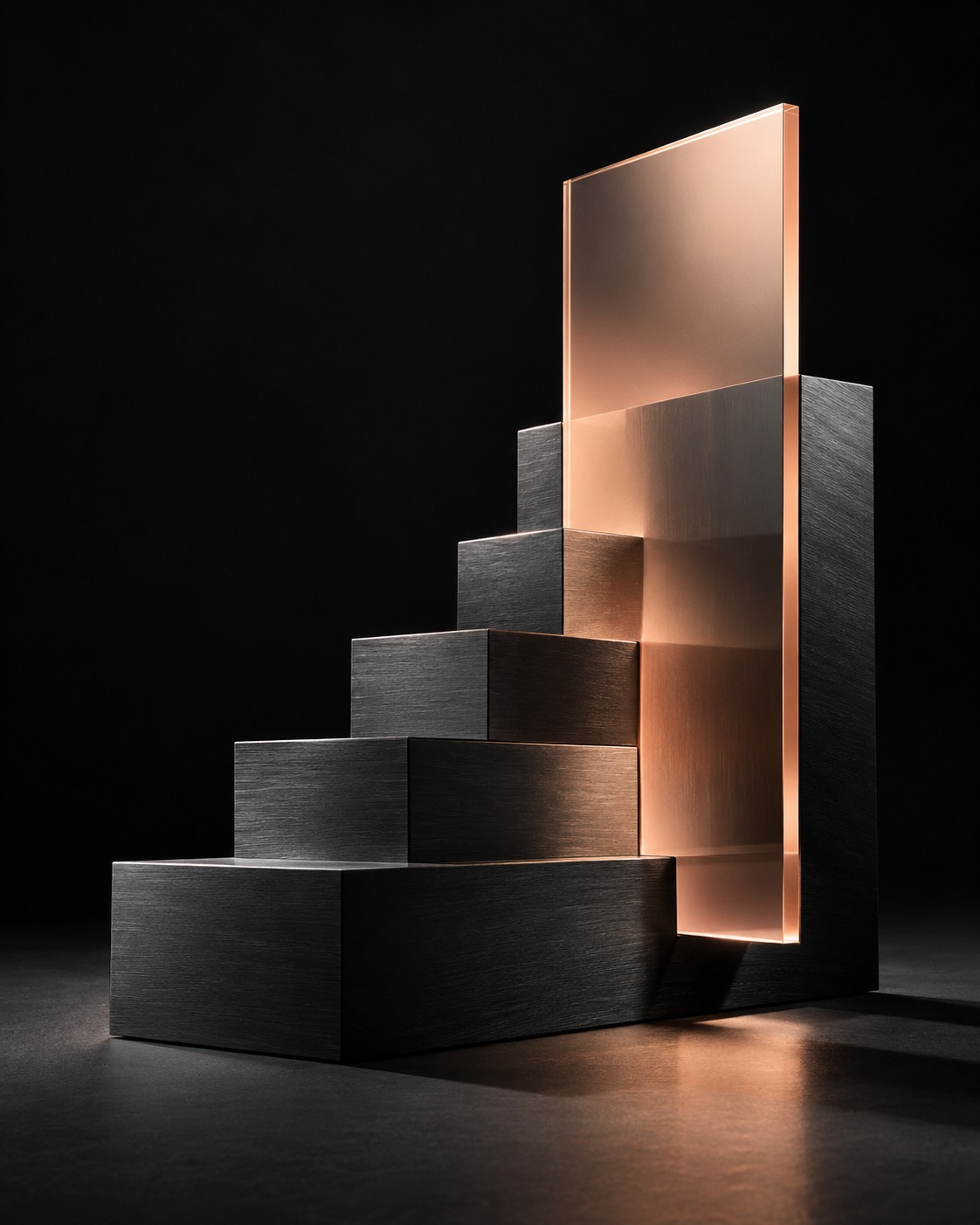 Abstract architectural study in dark metal and peach glass